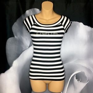 NWOT bebe Black and White Stripe Rhinestone Top